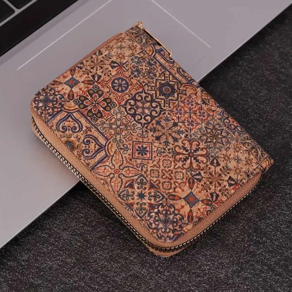 Boho Cork Mini Wallet Floral Coin Purse Zipper Credit Card Holder Vegan Travel - Picture 2 of 8